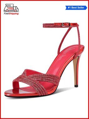 ✨ Rhinestone High Heel Sandals Sparkly Stiletto Ankle Strap Round Open Toe